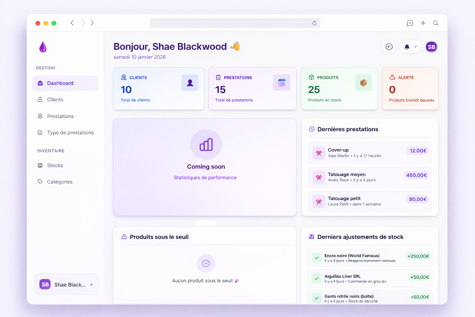 Interface InkSide - logiciel de gestion pour tatoueurs